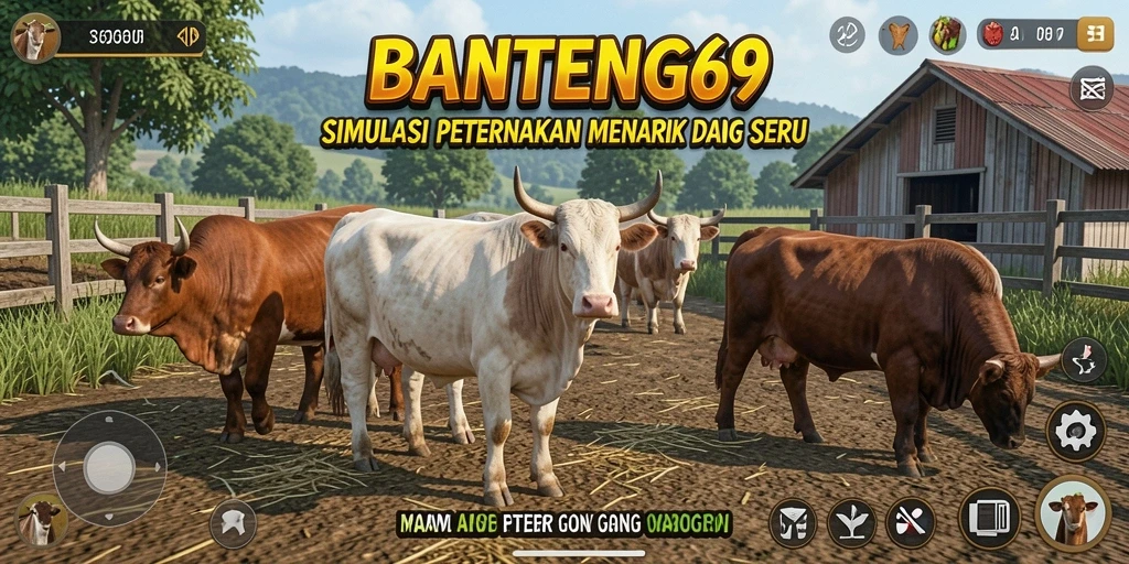 Tangkapan layar gameplay BANTENG69 yang menampilkan suasana peternakan.